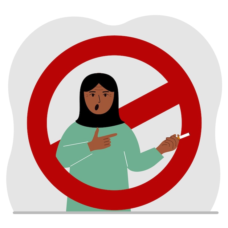 Vector a woman with a cigarette in his hand around the woman is a red prohibition sign the concept of addiction to smoking and the ban on smoking