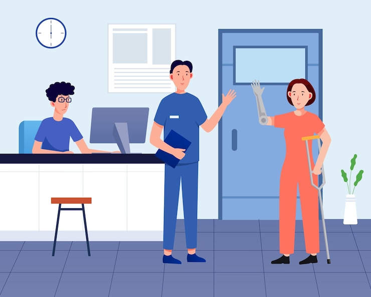 Vector a woman with a crutch stands in a hospital room with a man in orange and a clock behind her
