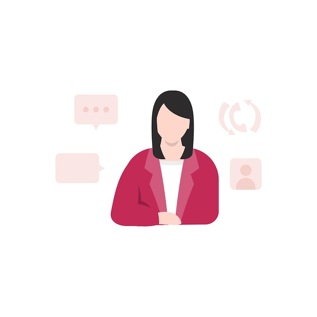 A woman with a speech bubble and a pink jacket.