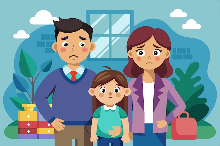 Vector a worried family stands close together showing their concern in a warm and inviting home atmosphere family stress customizable semi flat illustration