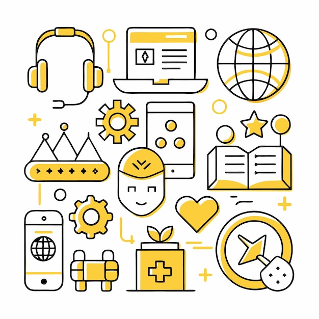 A yellow and black illustration with various symbols representing technology communication and more