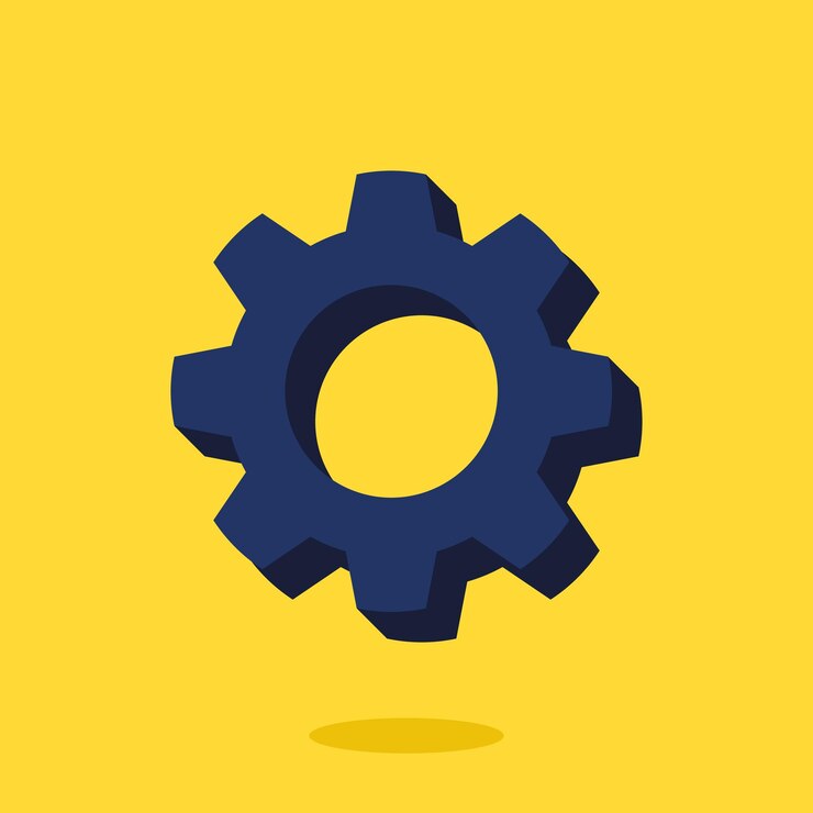 A yellow background with a 3D gear on it