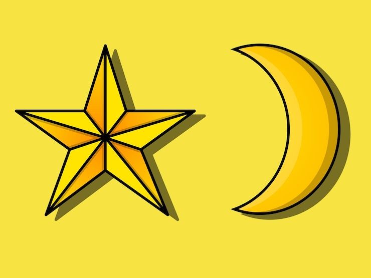 Vector a yellow star and a crescent moon are shown in a yellow background