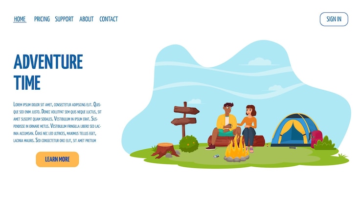 Vector a young couple is sitting by a campfire in nature summertime camping concept