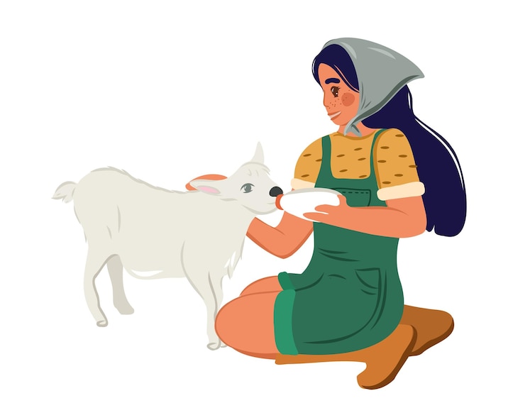 Vector a young female farmer or veterinarian is doing farming, holding a bottle of milk and feeding a goat.