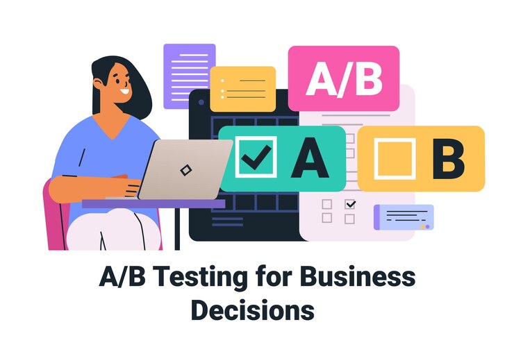 Vector ab testing business decisions concept woman using laptop colorful interface elements digital