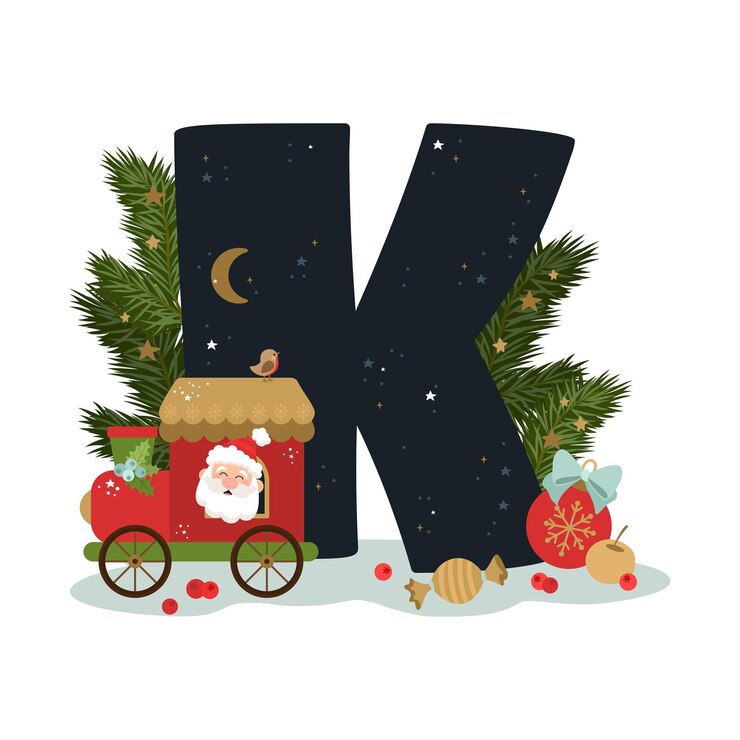 Vector abjad natal. huruf "k" dengan elemen meriah.
