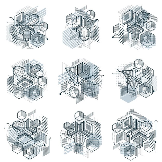 Abstract 3d shapes compositions, vector isometric backgrounds. Compositions of cubes, hexagons, squares, rectangles and different abstract elements. Vector collection.