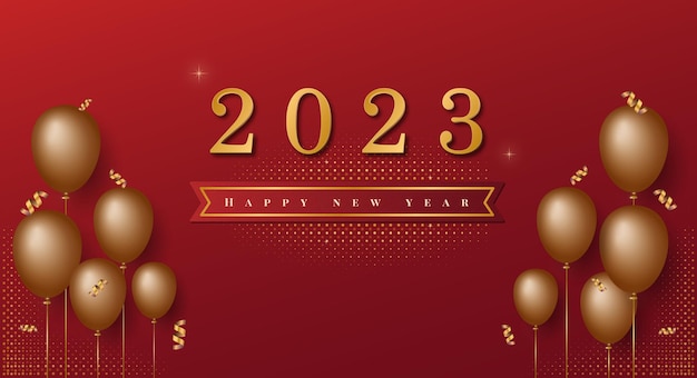 Abstract Background happy new year 2023 with glitter and luxury balloon decoration.