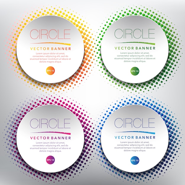 Abstract banner set of 4. White paper circles on the halftone design
