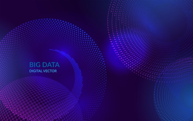 Abstract big data technology background digital vector with blue and purple halftone circles and stars pattern futuristic IT artificial intelligence blockchain data flow network and analytics