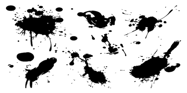 Abstract black ink splashes and grungy brush strokes vector set on a white background