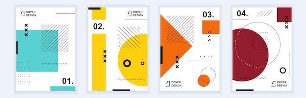 Abstract brochure covers set in modern minimal geometric design Memphis style background templates with elements composition and textures in A4 format for business book identity Vector illustration