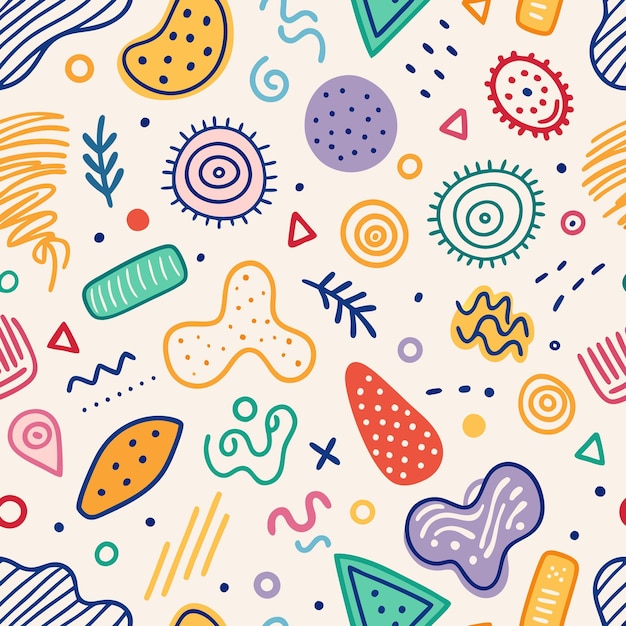 Abstract colorful seamless pattern with organic shapes and geometric elements on a light background