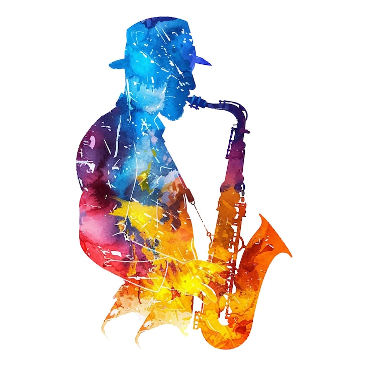 Vector abstract colour silhouette of saxopone player vector illustration in watercolour style