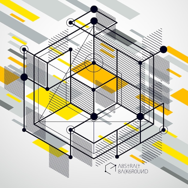 abstract creative geometric art with a variety of geometric elements yellow background, vector illustration. perspective blueprint of mechanism, scheme. perfect background for your design projects
