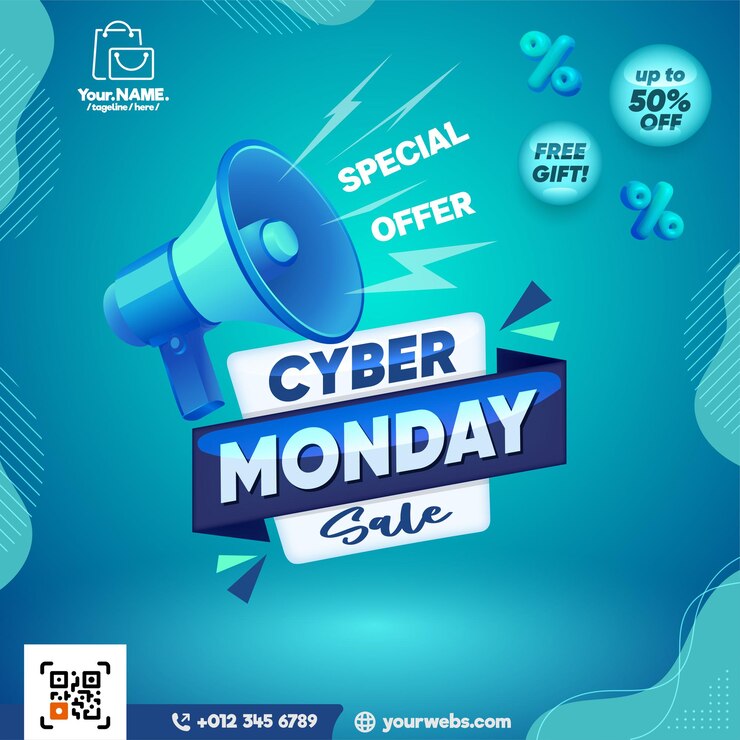 Vector abstract cyber monday sale square banner with promotion text and 3d style illustration