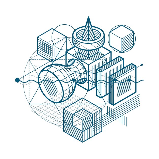 abstract design with 3d linear mesh shapes and figures, vector isometric background. cubes, hexagons, squares, rectangles and different abstract elements.
