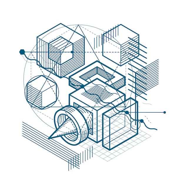 Abstract design with 3d linear mesh shapes and figures, vector isometric background. Cubes, hexagons, squares, rectangles and different abstract elements.