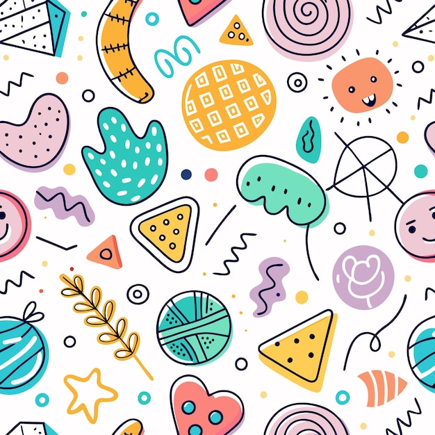 abstract doodle pattern with geometric shapes and smiling faces
