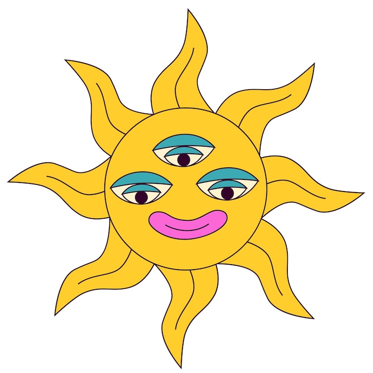 Vector abstract esoteric psychedelic sun icon trippy hippie 1970 style third eyes sun