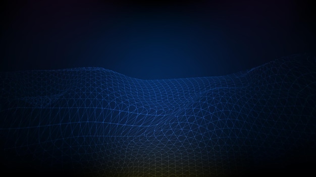 abstract futuristic blue background wireframe landscape, polygonal mountains, data flow map system technology style