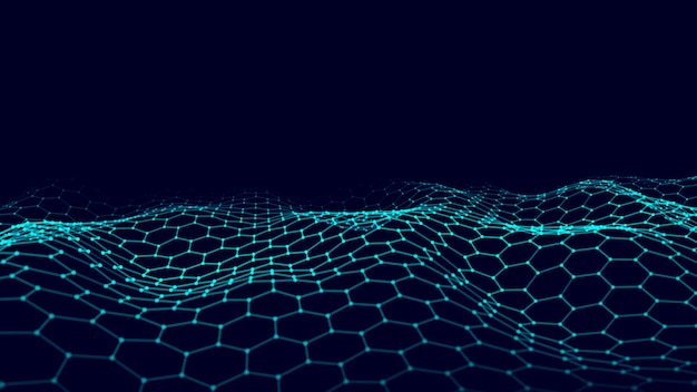 Abstract futuristic hexagon wave with moving dots Flow of particles Technology illustration Vector illustration