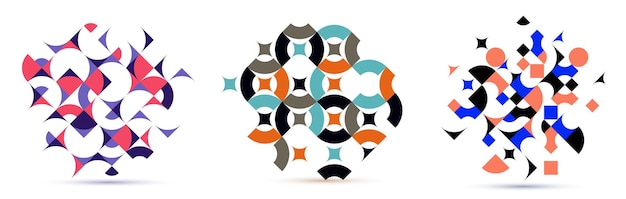 Abstract geometric designs set vector pattern compositions, colorful 70s retro style templates art isolated over white, creative elegant backgrounds.