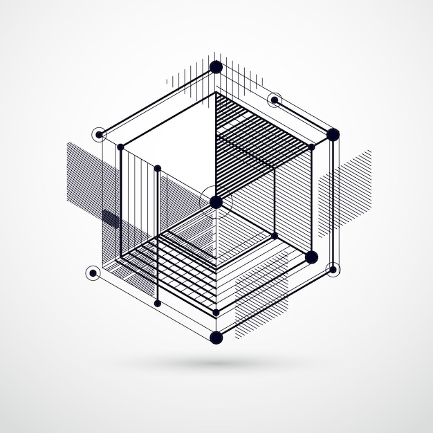Abstract geometric vector black and white background with cubes and other elements. Composition of cubes, hexagons, squares, rectangles and abstract elements. Perfect background for your designs