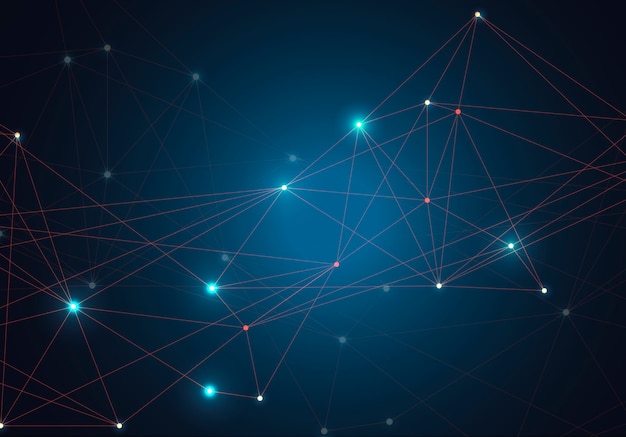 Abstract glowing bright molecules with dots and lines on blue background.