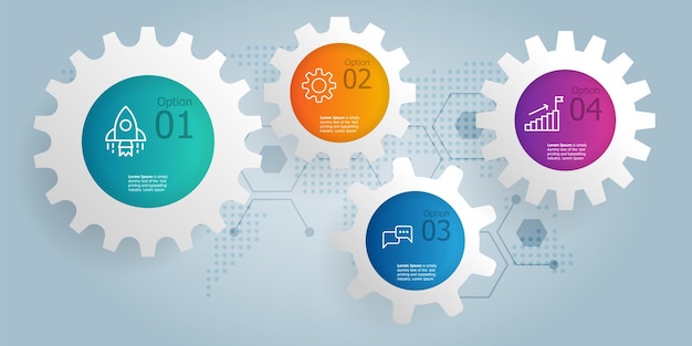 Abstract horizontal cog gear wheel infographics presentation element with icons 4 steps vector illustration background