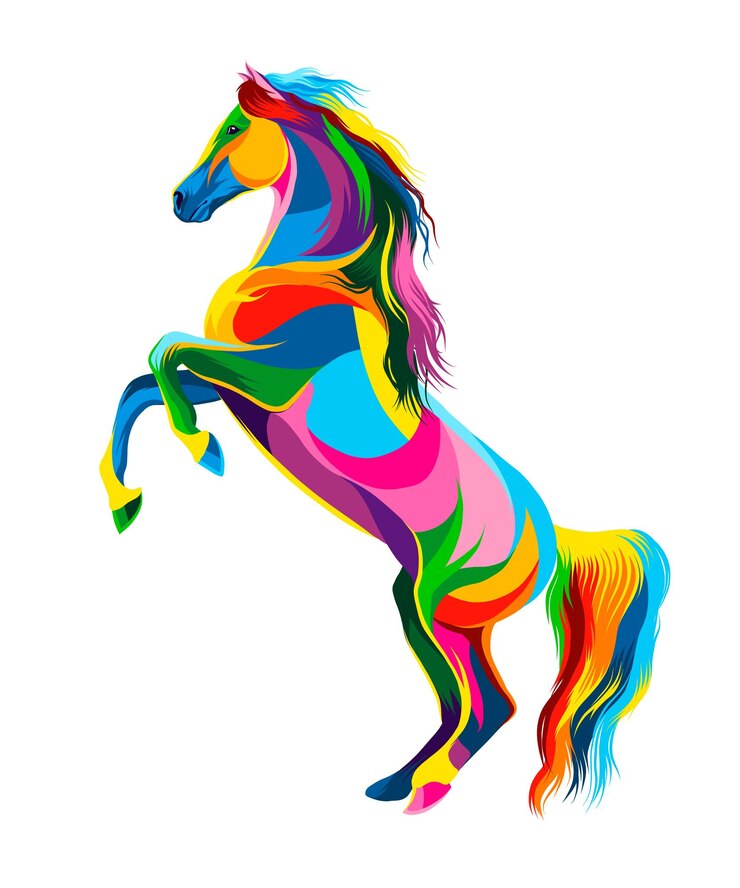 Vector abstract horse rearing up horse running at a gallop from multicolored paints colored drawing