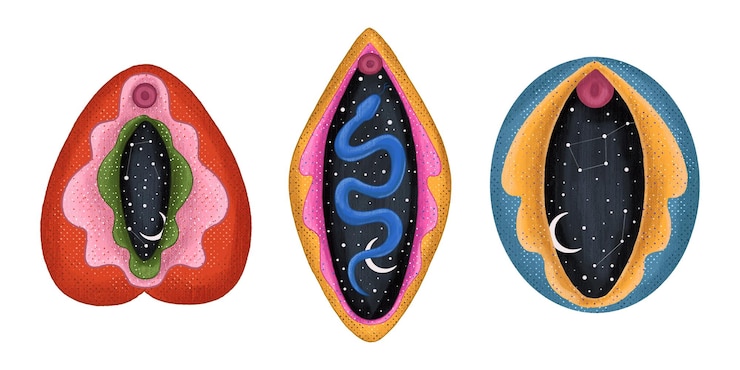 Vector abstract image of a vagina outer space planets moon and stars snake tempter and plant herbs pri