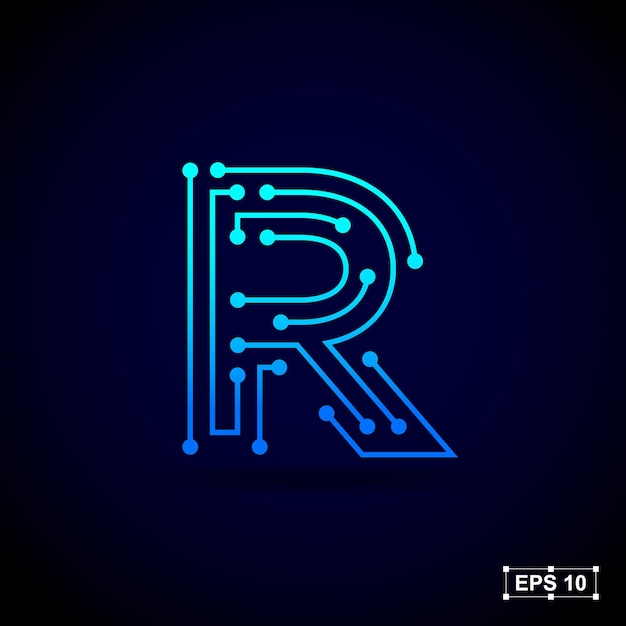 Abstract letter R logo design with line dots connection for technology and digital business company