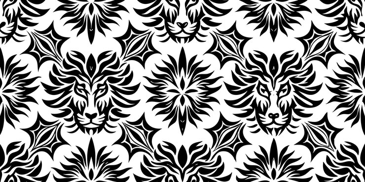 Vector abstract lion head and floral damask seamless pattern