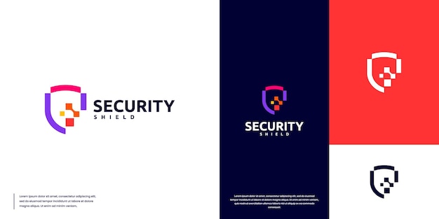 abstract logo shield and pixel digital tech security system graphic design template