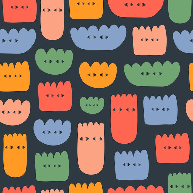 Abstract minimal seamless pattern with colorful various strange flowers