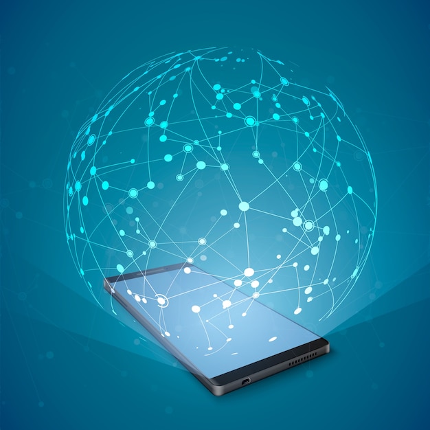 abstract network hologram over smartphone screen. social media concept. technology of internet communication using smartphone.