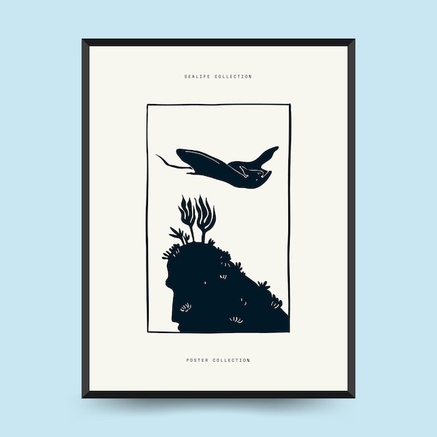 Abstract ocean and sea posters template. Modern sea Botanical trendy black style. Vintage seaweed