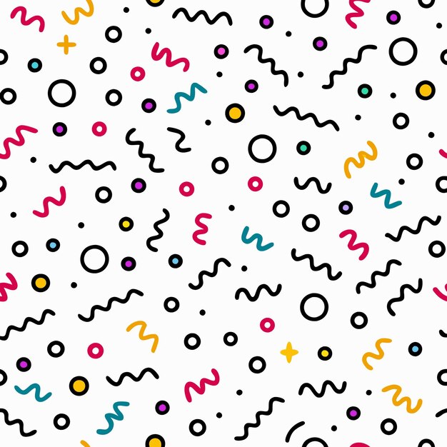 abstract seamless pattern with colorful circles waves and plus sign on white background