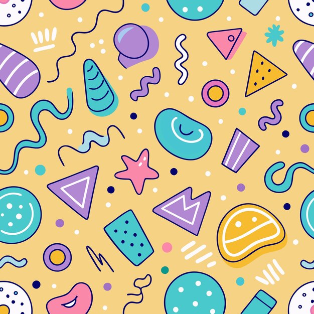Abstract seamless pattern with various geometric shapes lines and dots on yellow background