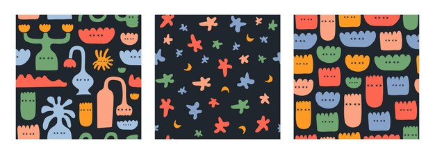Abstract set seamless patterns with colorful various strange flowers and doodle shapes