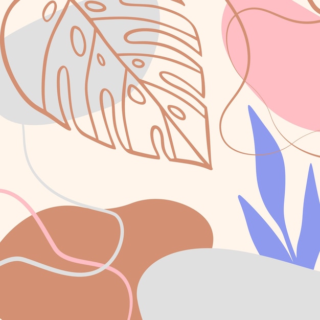 abstract tropical background with geometric shapes and palm leaves in pastel colors. blue, pink, brown modern collage for posters. vector illustration in trendy style abstract design and monstera leaf