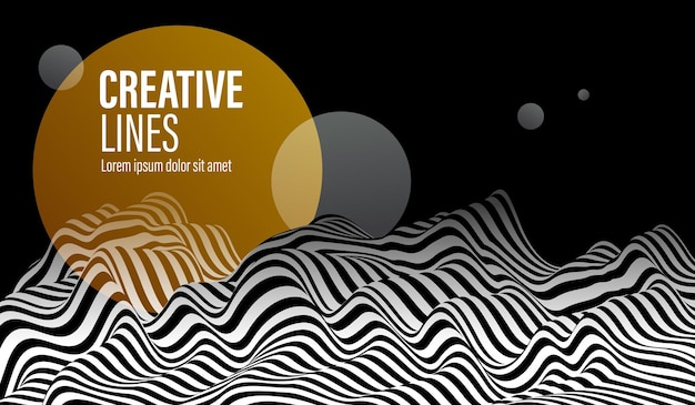 abstract vector 3d lines with yellow circle background black and white curves linear perspective dimensional terrain optical pattern