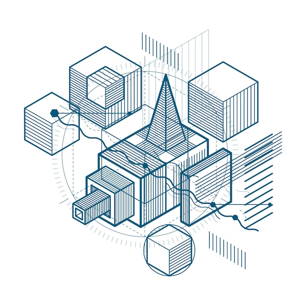 Abstract vector background with isometric lines and shapes. Cubes, hexagons, squares, rectangles and different abstract elements.