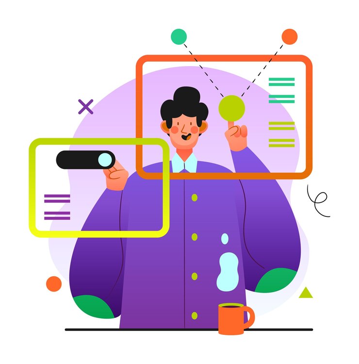 Vector abstract vector illustration with man colorful shapes magnifying glass and coffee cup