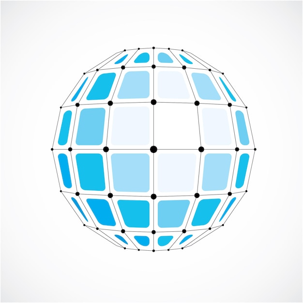 Abstract vector low poly object with black lines and dots connected. Blue 3d futuristic globe with overlapping lines mesh and squares.