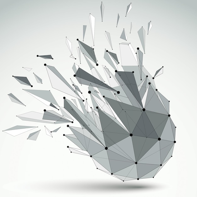 abstract vector low poly wrecked object with black lines and dots connected. 3d origami futuristic form with lines mesh.