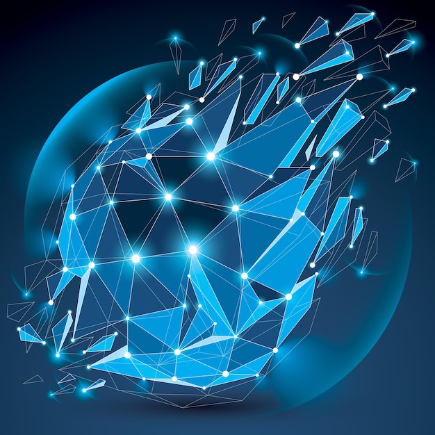 abstract vector low poly wrecked object with lines and dots connected. 3d origami broken futuristic form with lines mesh and fractures. light effect and glow element.