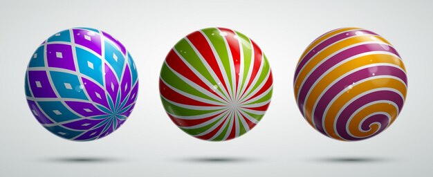 abstract vector realistic glossy spheres set, beautiful festive balls collection decorated with pattern, graphic design elements.